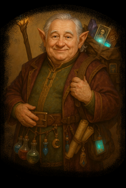 Shopkeeper behind wooden stall with potions and items